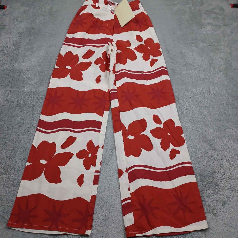 Sabo Pants Womens 2 Red Floral Linen Blend Wide Leg Preppy NWT